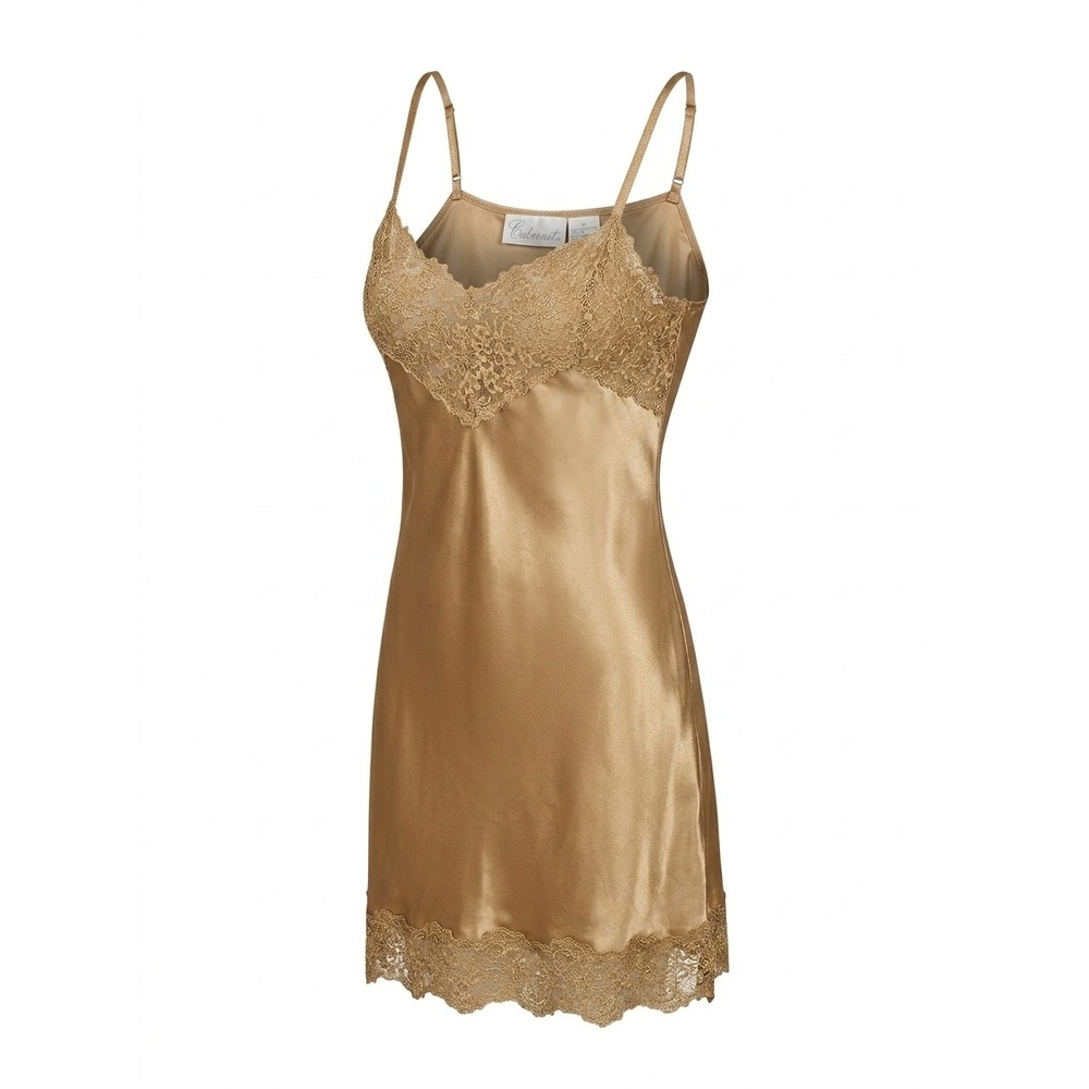 Vintage Cabernet Gold Satin Lace Trim Chemise Nightgown Slip Dress Med. 90s Y2K